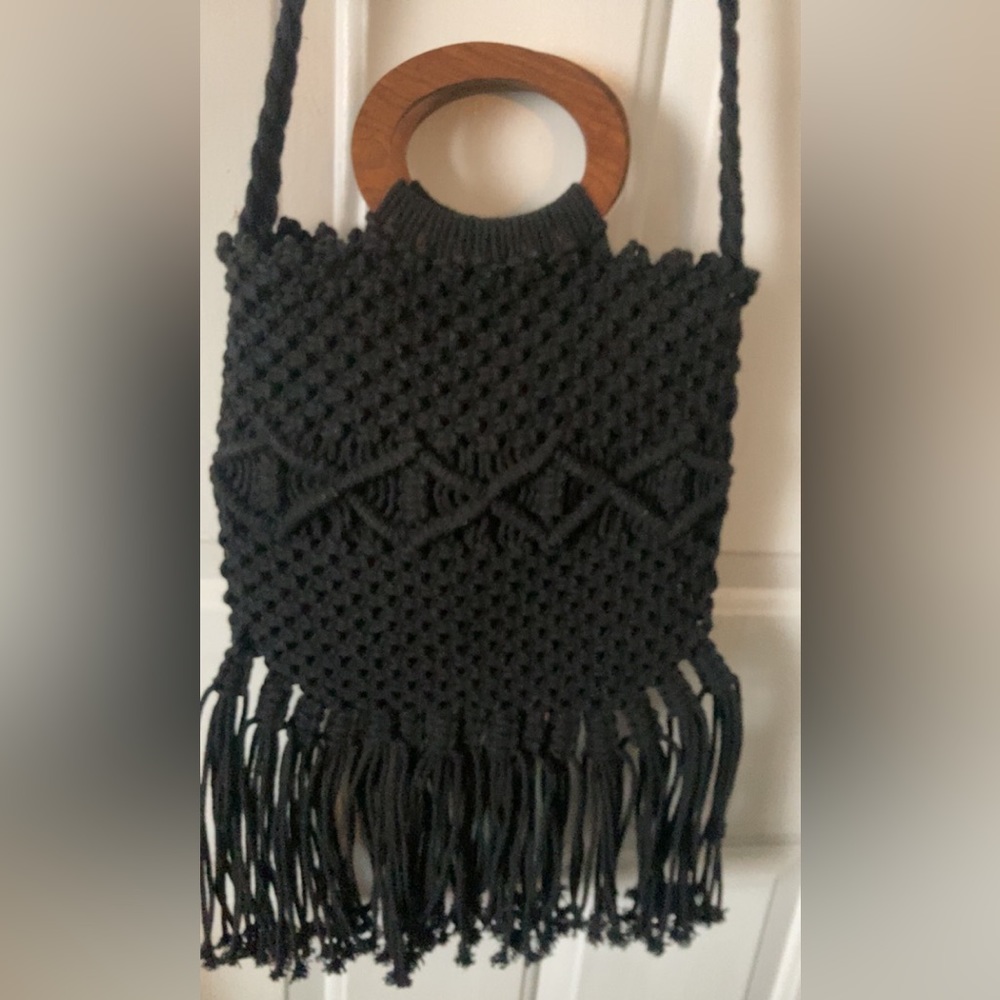 Danielle Nicole Black Fringe Macrame Boho Bag - image 4